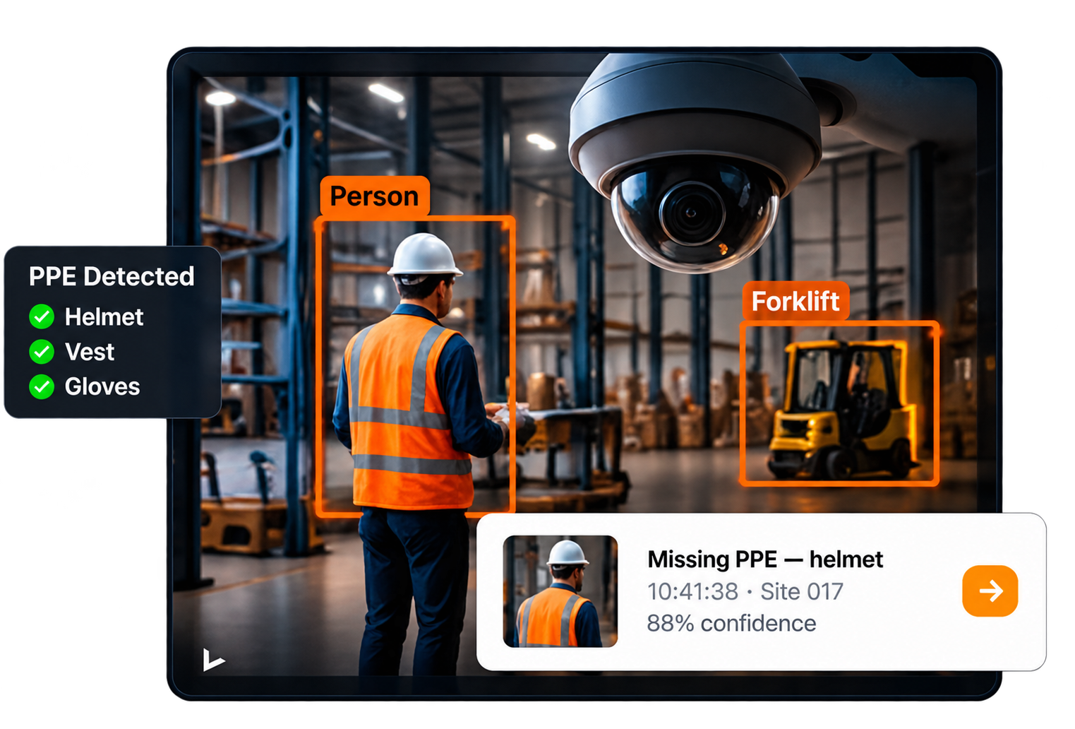 RIVA detecting a person and a forklift, with a missing-helmet alert